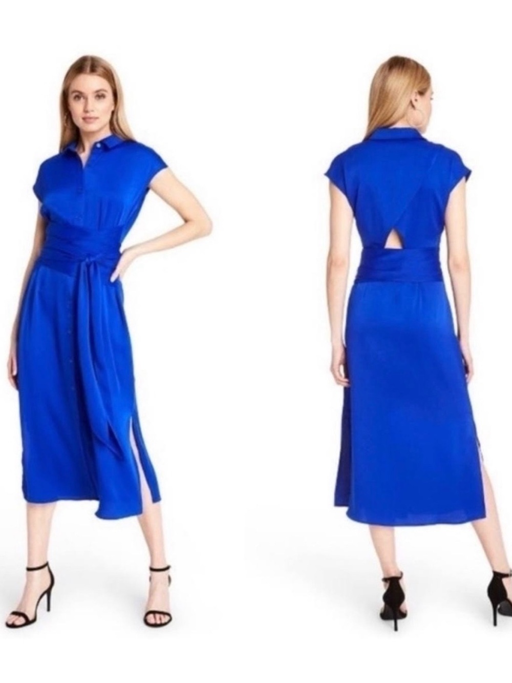 CUSHNIE x Target Royal Blue Button Front Wrap Waist Peek-a-boo Back Shirt Dress